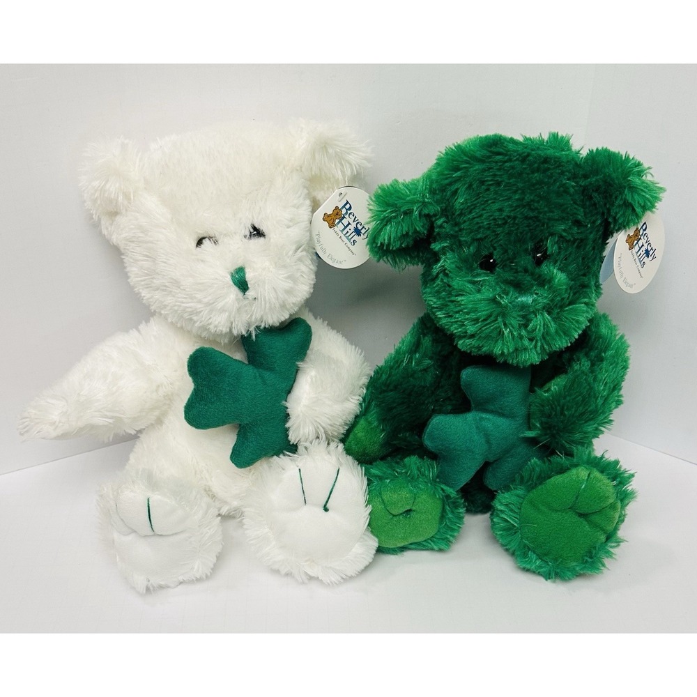 Beverly Hills Teddy Bear Co St Patricks Day Shamrock Plush Set White Green 10in